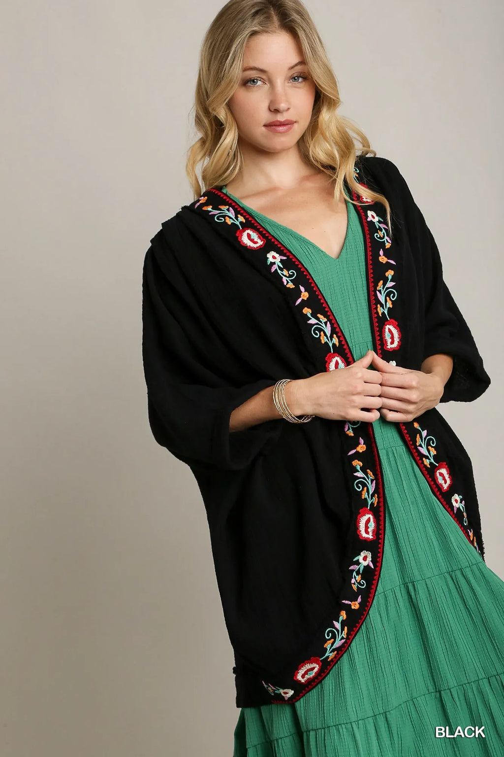 Embroidery Open Front Kimono with Pleated Shoulder Detail