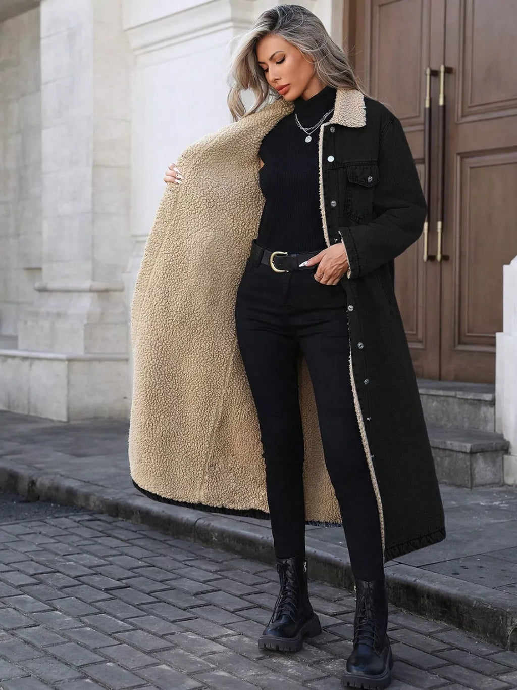 Sherpa Lined Longline Denim Jacket