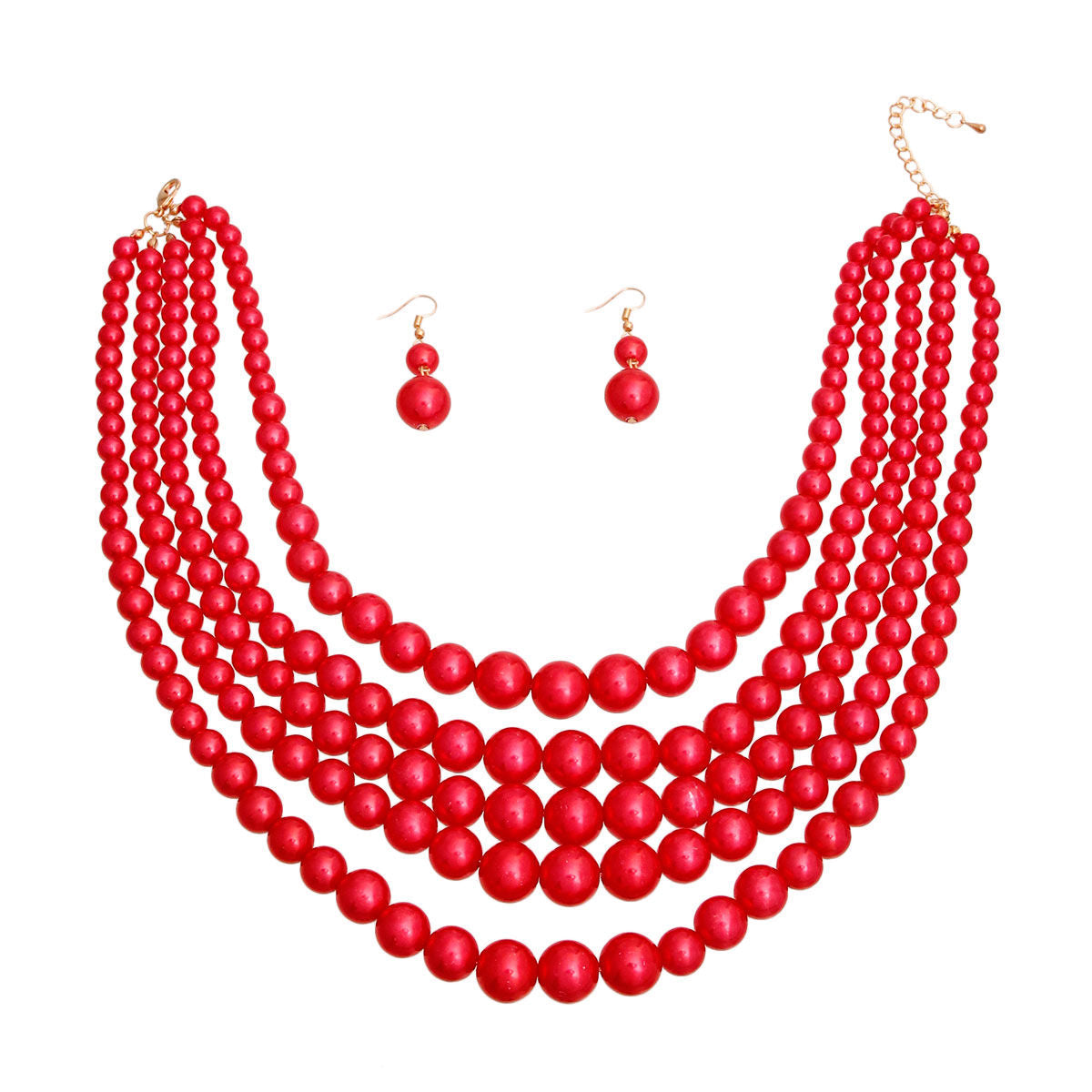 Layered Red Pearl Necklace 5-Layer Statement Jewelry Set
