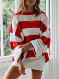 Full Size Contrast Striped Round Neck Sweater Plus Size