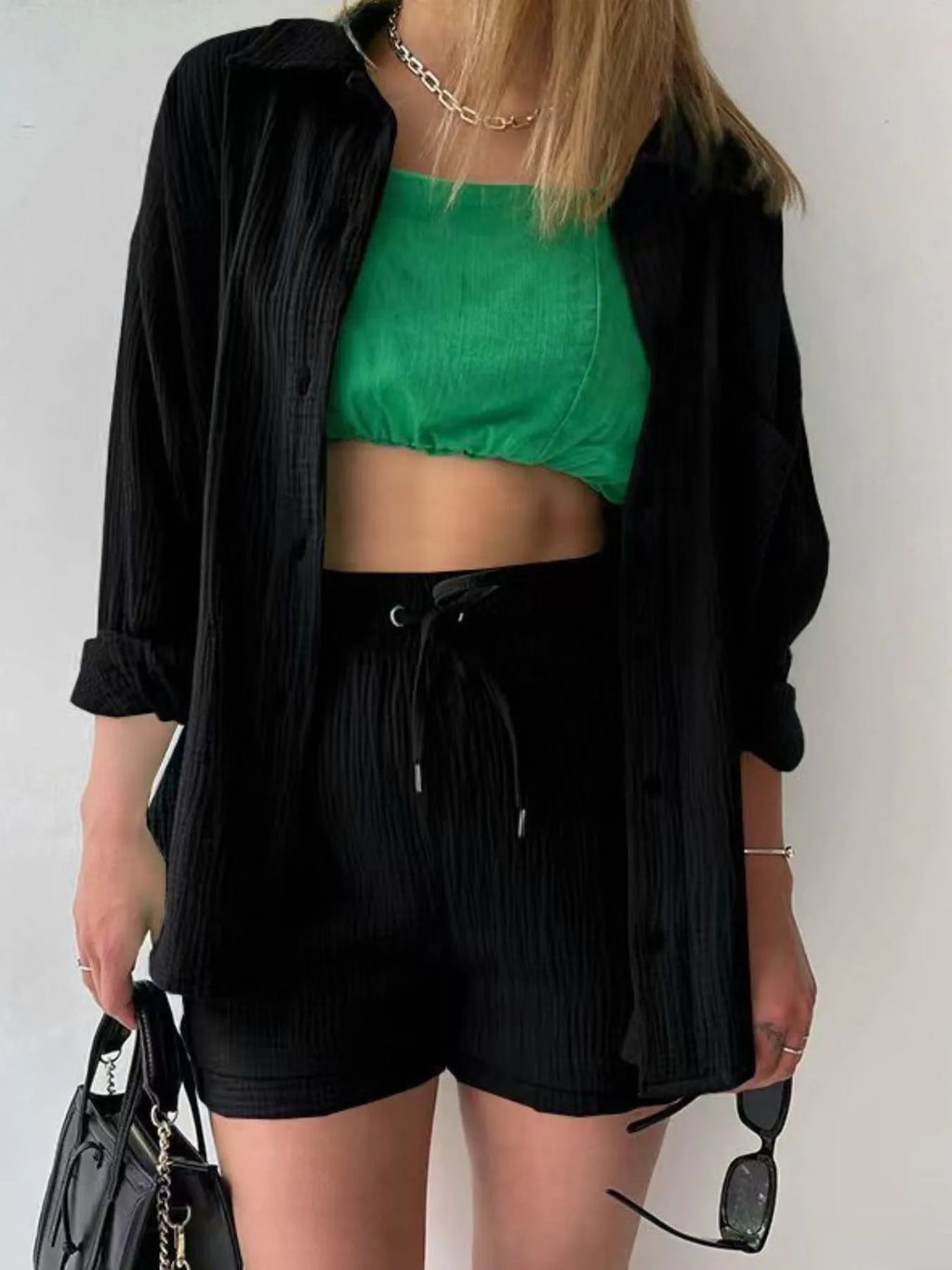 Textured Button Up Shirt and Shorts Set