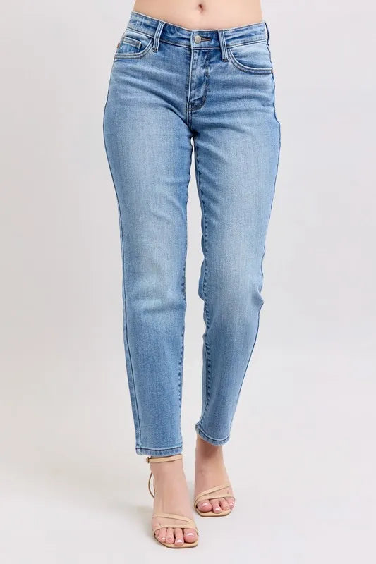 Judy Blue Full Size Mid Rise Vintage Wash Slim Jeans with Cell Phone Pocket Plus Size