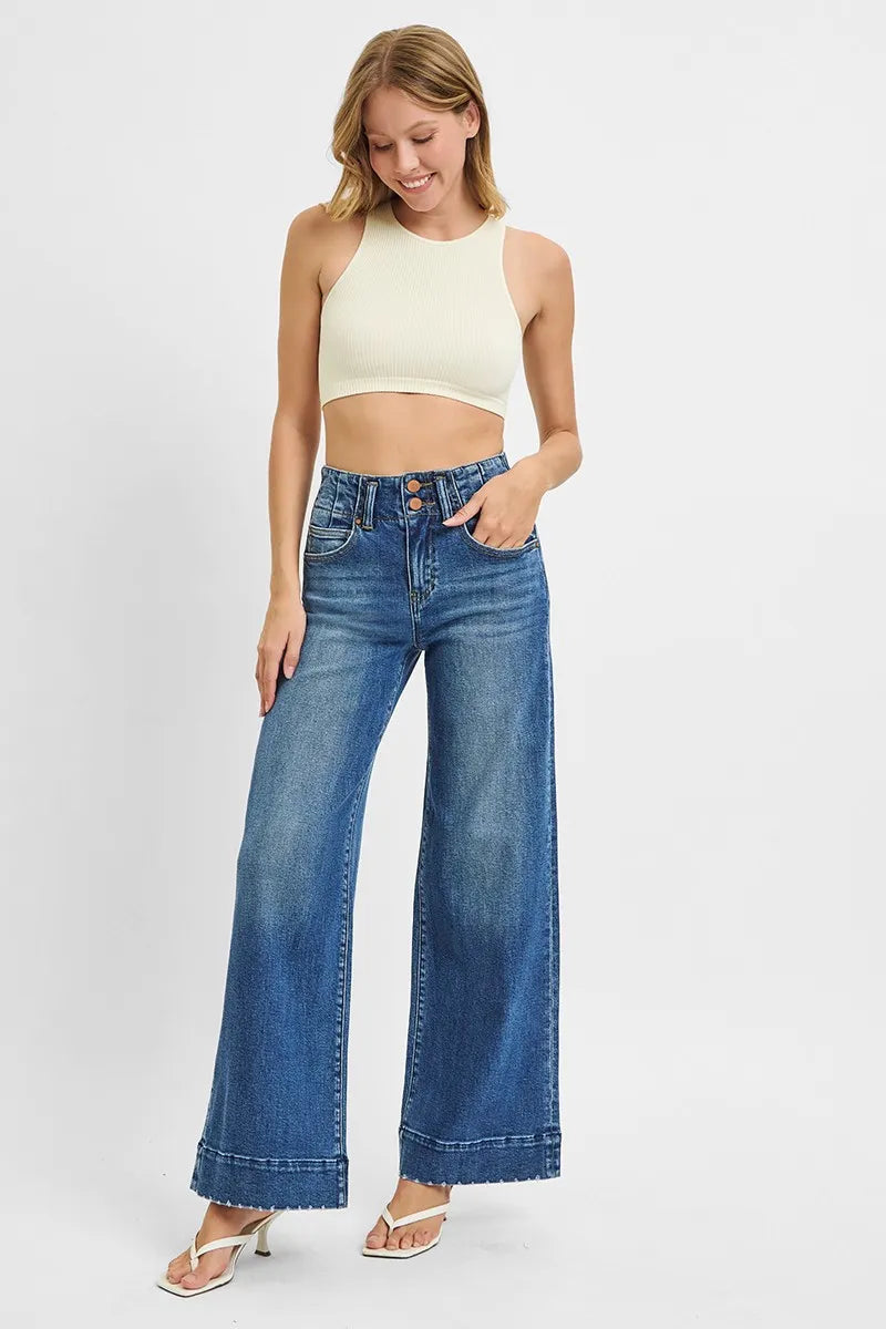 RISEN Full Size High Rise Ankle Wide Seam Detailed Jeans Plus Size