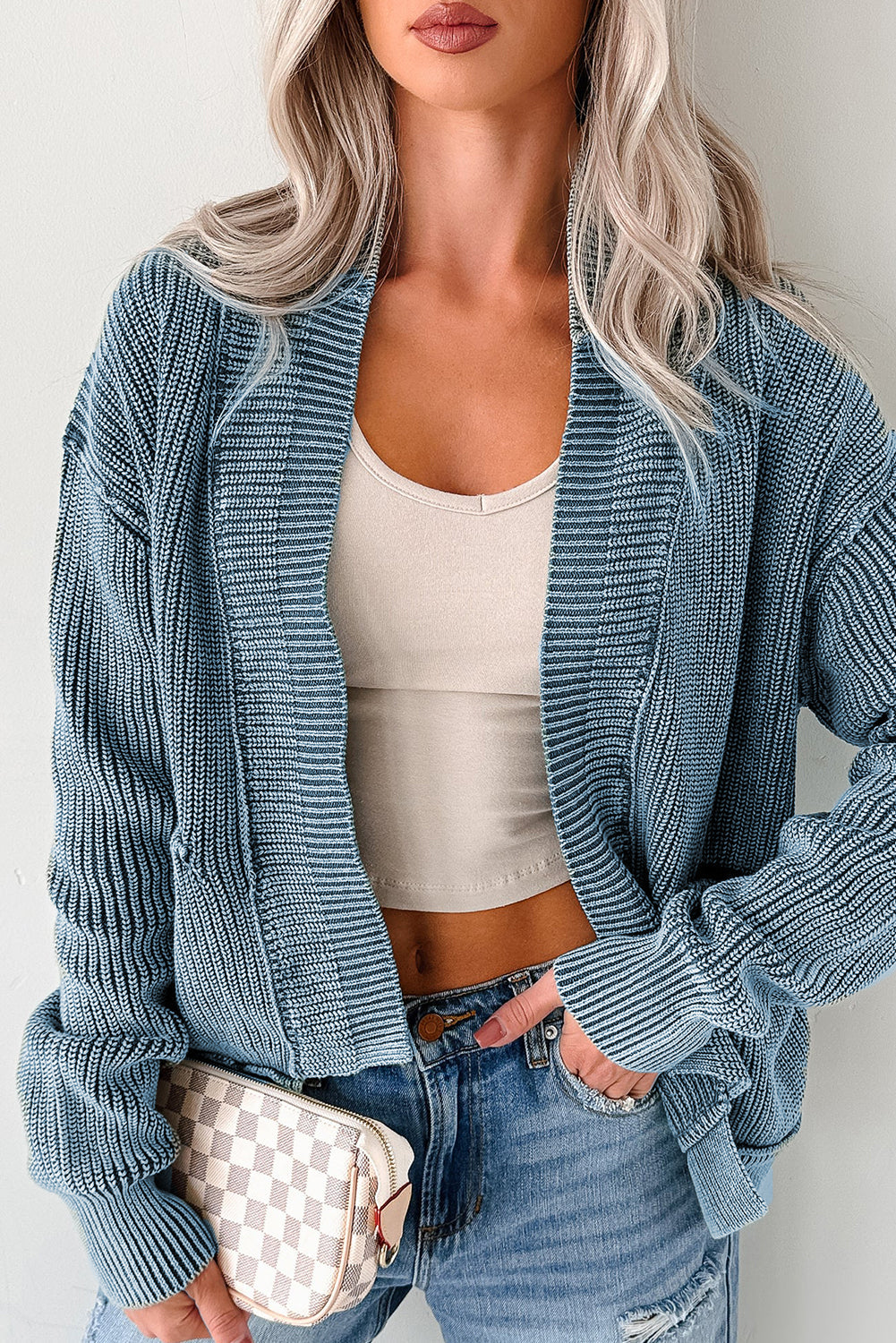 Evergreen Mineral Wash Exposed Seam Patchwork Knit Open Sweater Cardigan