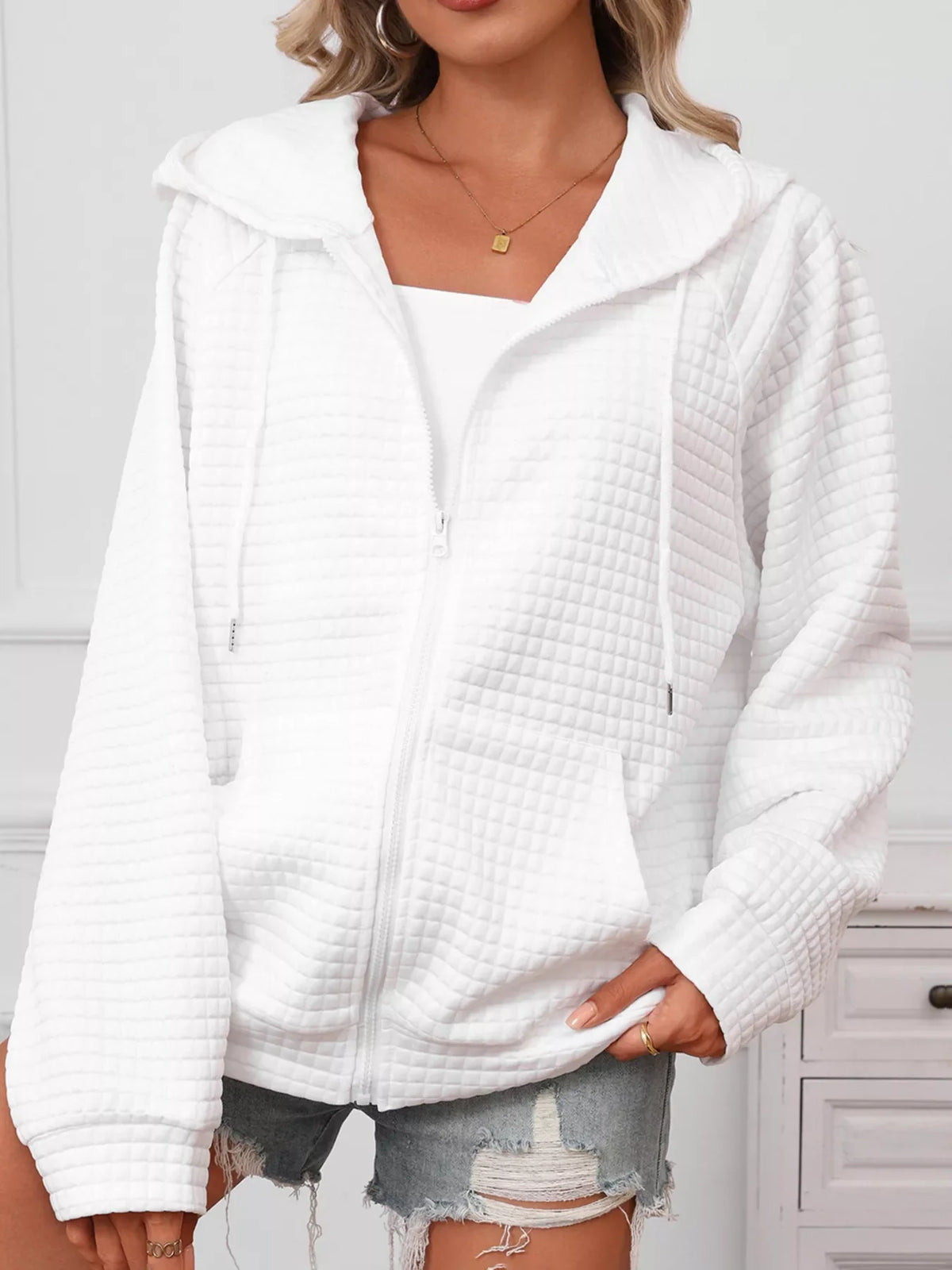 Full Size Textured Quilted Zip-Up Hooded Jacket Plus Size