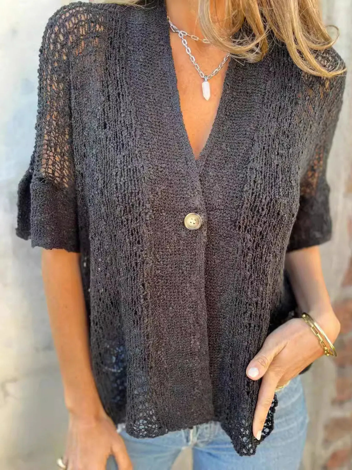 Full Size One Button Half Sleeve Cardigan Plus Size