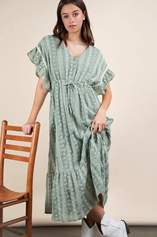 VERY J Embroidered Boho Ruffled Midi Dress