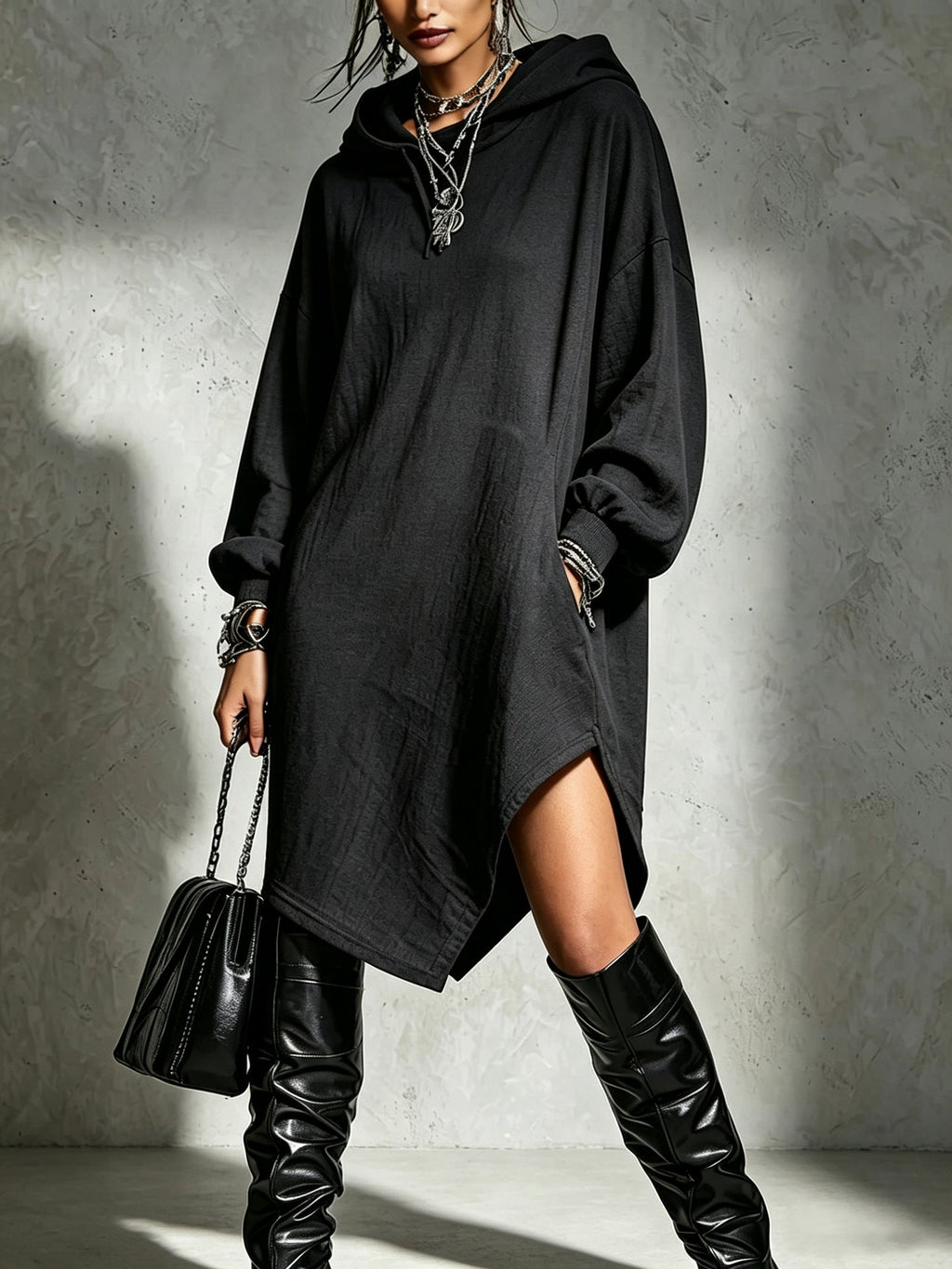 Womens Solid-Color Irregular Side-Slit Hooded Sweatshirt Dress