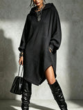 Womens Solid-Color Irregular Side-Slit Hooded Sweatshirt Dress