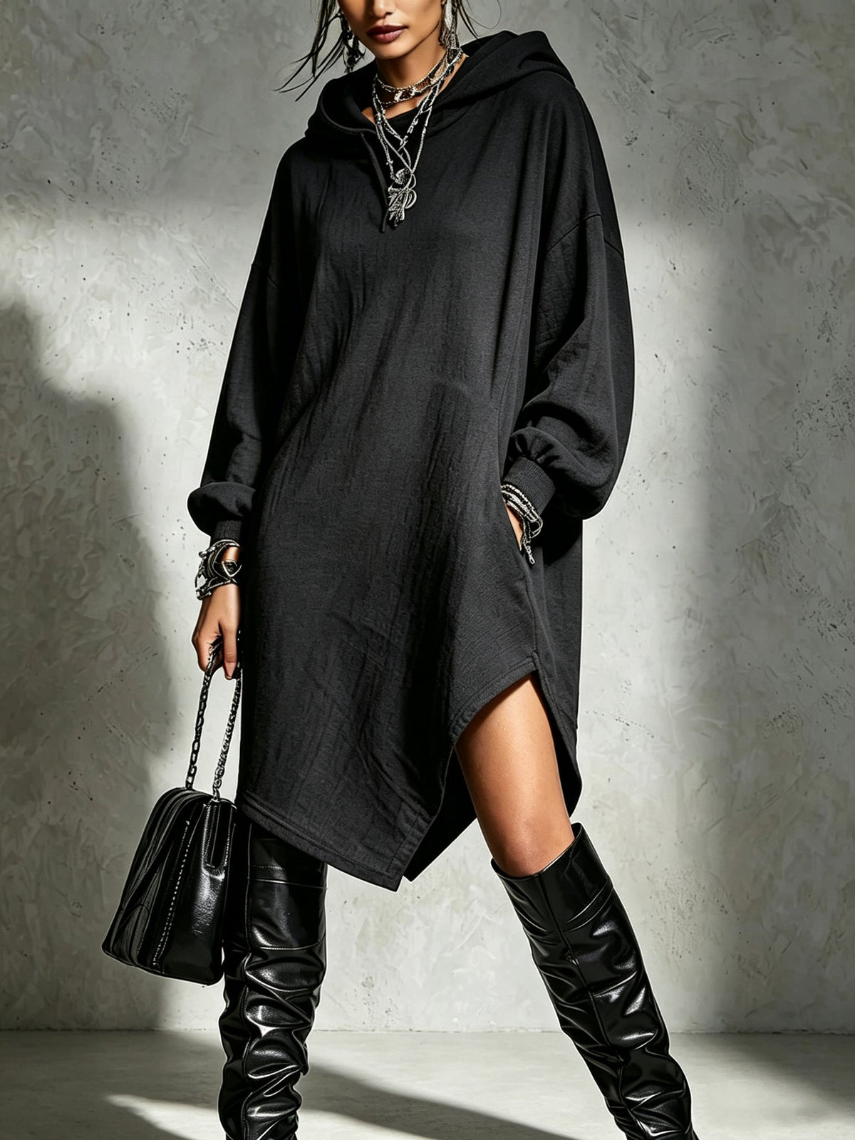 Womens Solid-Color Irregular Side-Slit Hooded Sweatshirt Dress