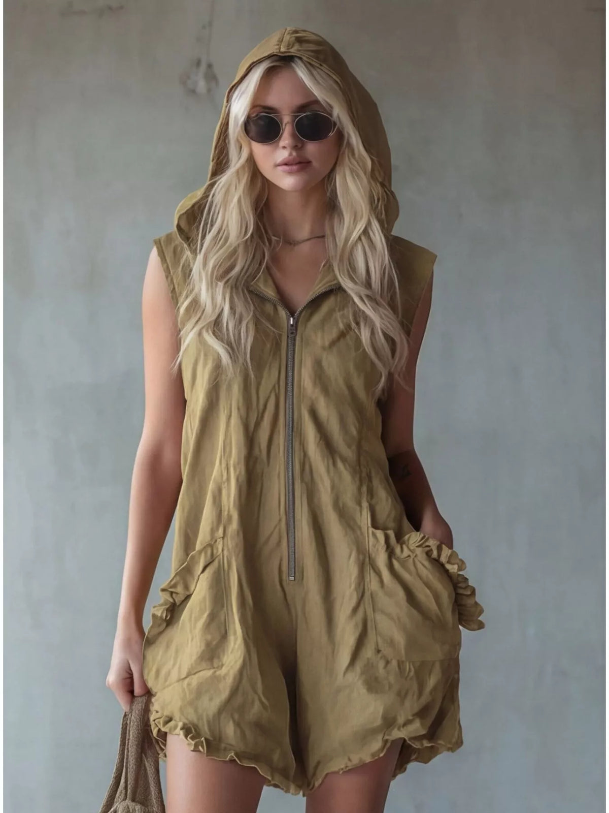 Full Size Hooded Sleeveless Zipper Romper with Ruffled Pockets Plus Size