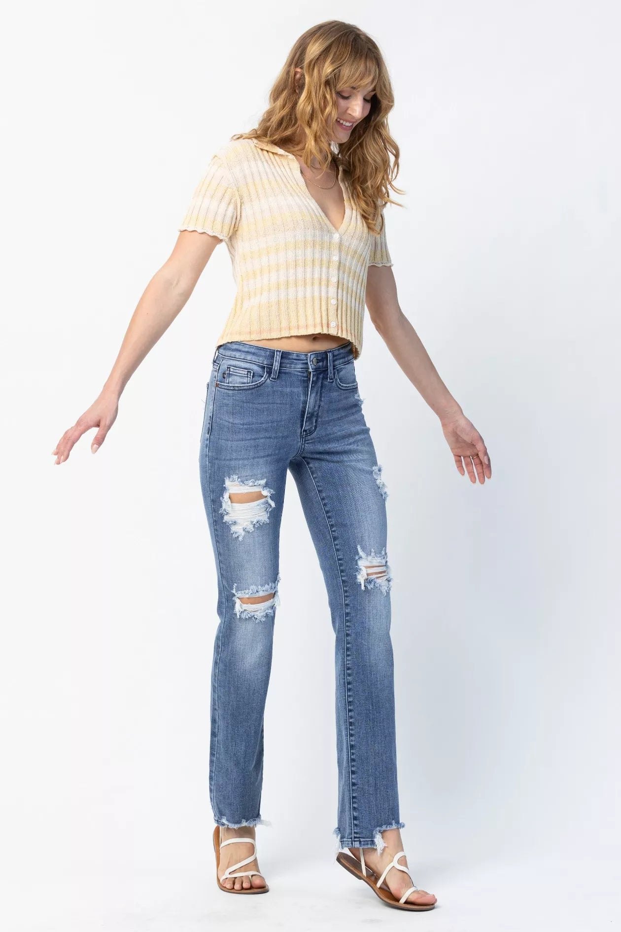 Judy Blue Full Size Mid Rise Destroy Straight Jeans Plus Size