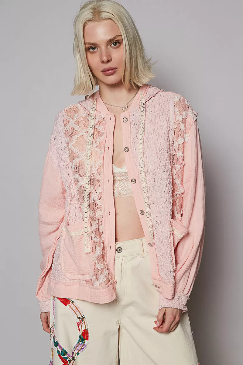 POL Exposed Seam Button Down Hooded Jacket with Lace Detail