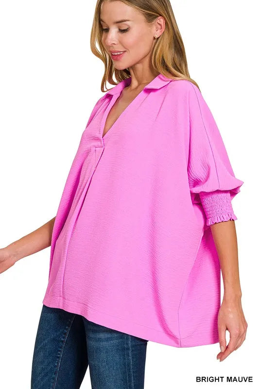 Zenana Airflow Collar Tee with Smocked Sleeve Band Top