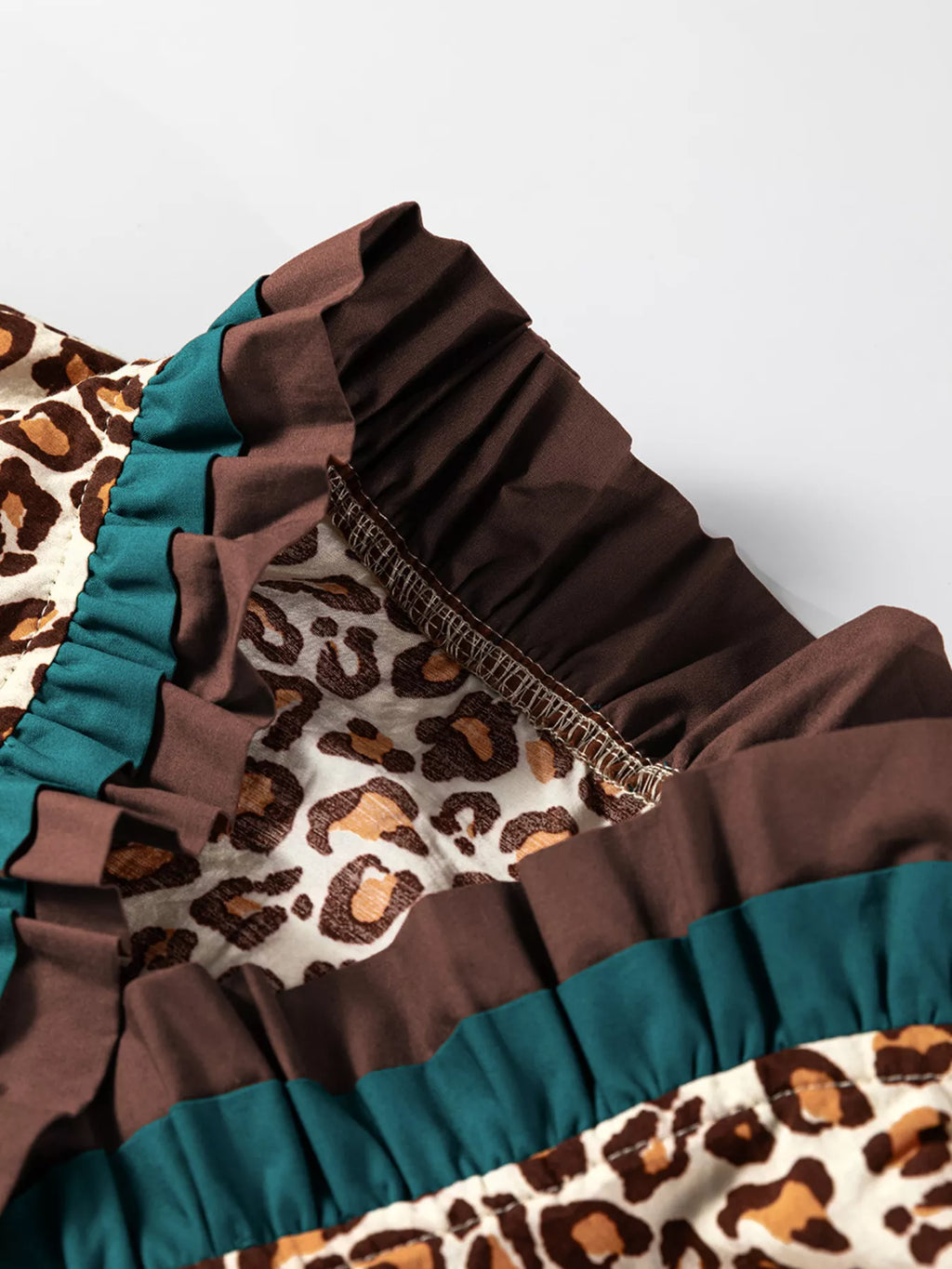 Leopard Print Contrast Frilled Trim Button Down V Neck Shirt