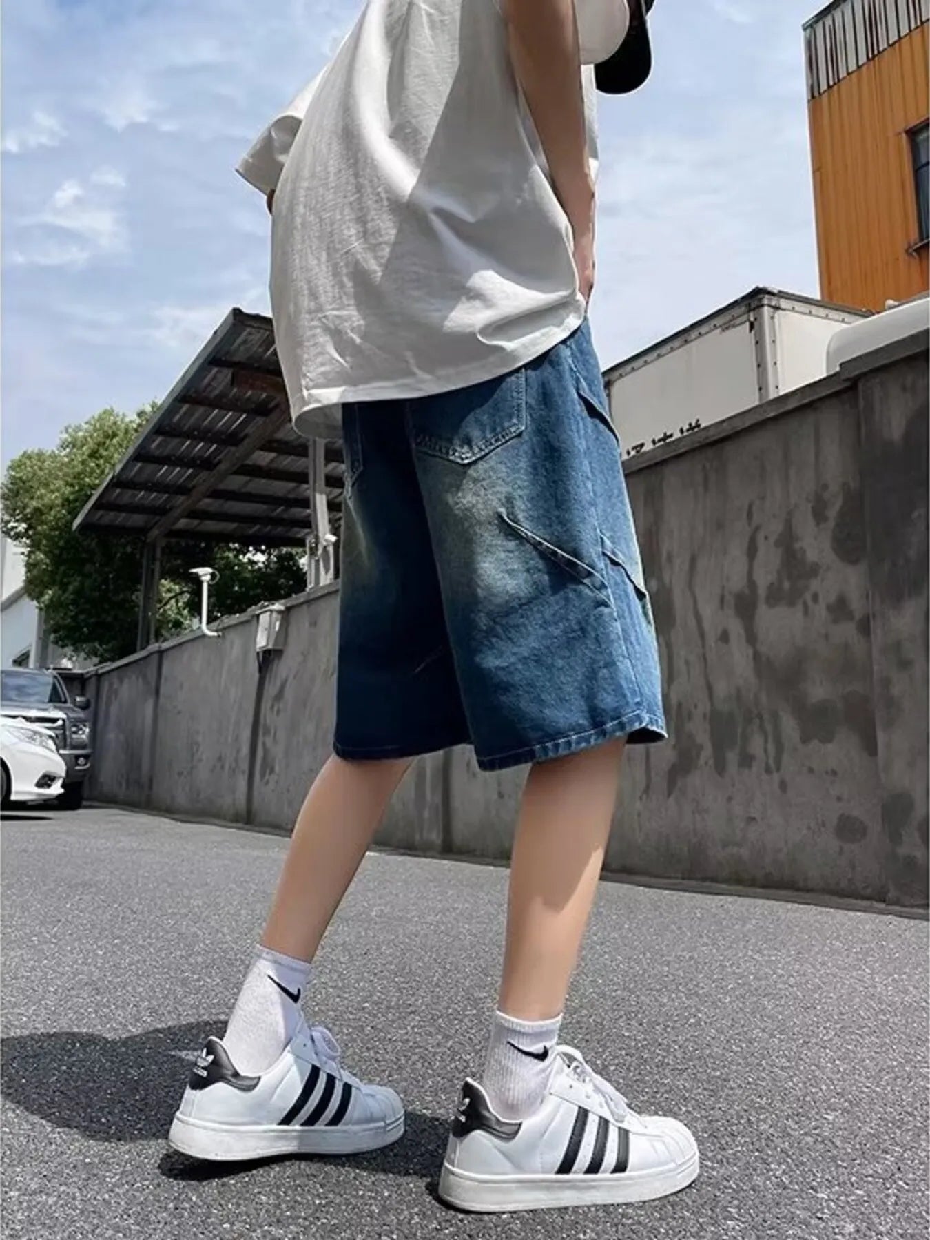 Men's Full Size Vintage Wash Wide-Leg Denim Shorts Plus Size
