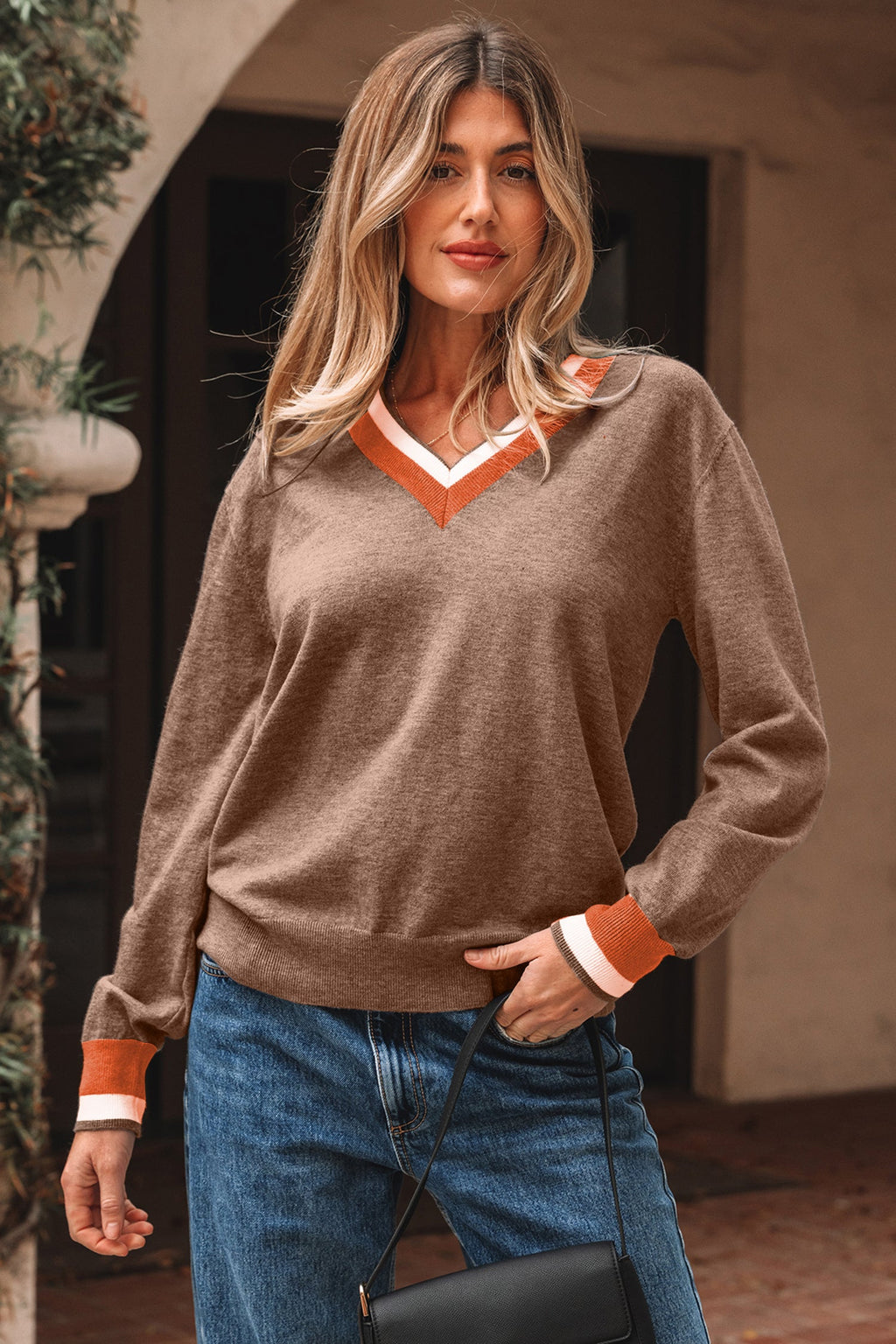Dark Khaki Contrast Striped Trim V Neck Varsity Sweater