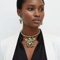 Statement Choker Necklace Burnished Gold Double Elephant Pendant Stylish Jewelry