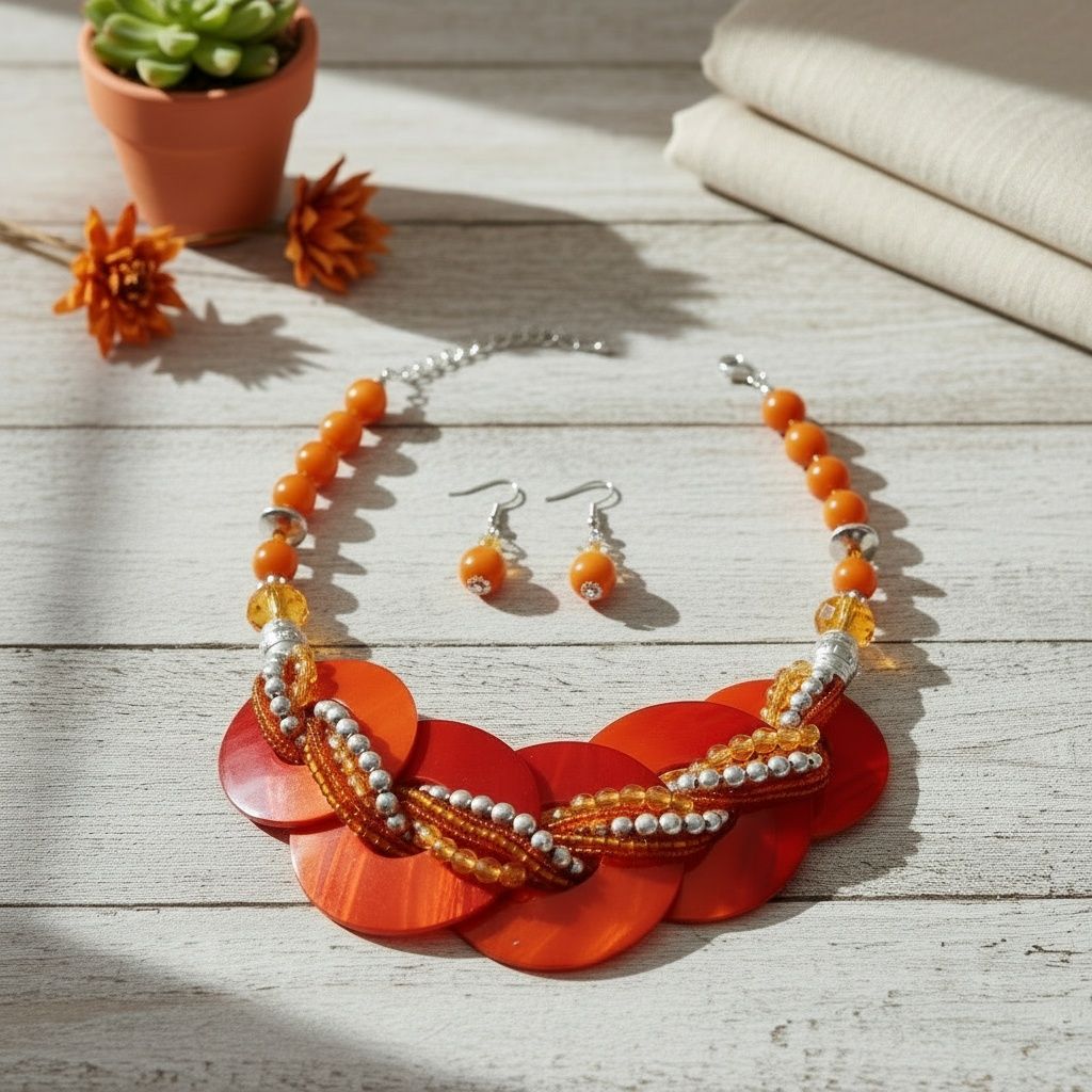 Beaded Collar Necklace with Orange Shell Discs for Women – Stylish Statement Jewelry