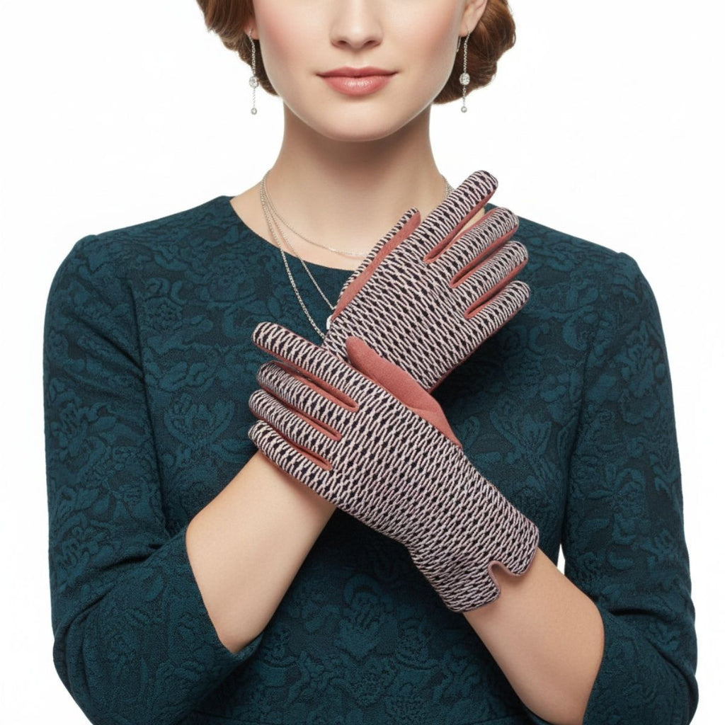 Winter Touchscreen Gloves Pink Mauve Cross Wavy Stylish Casual