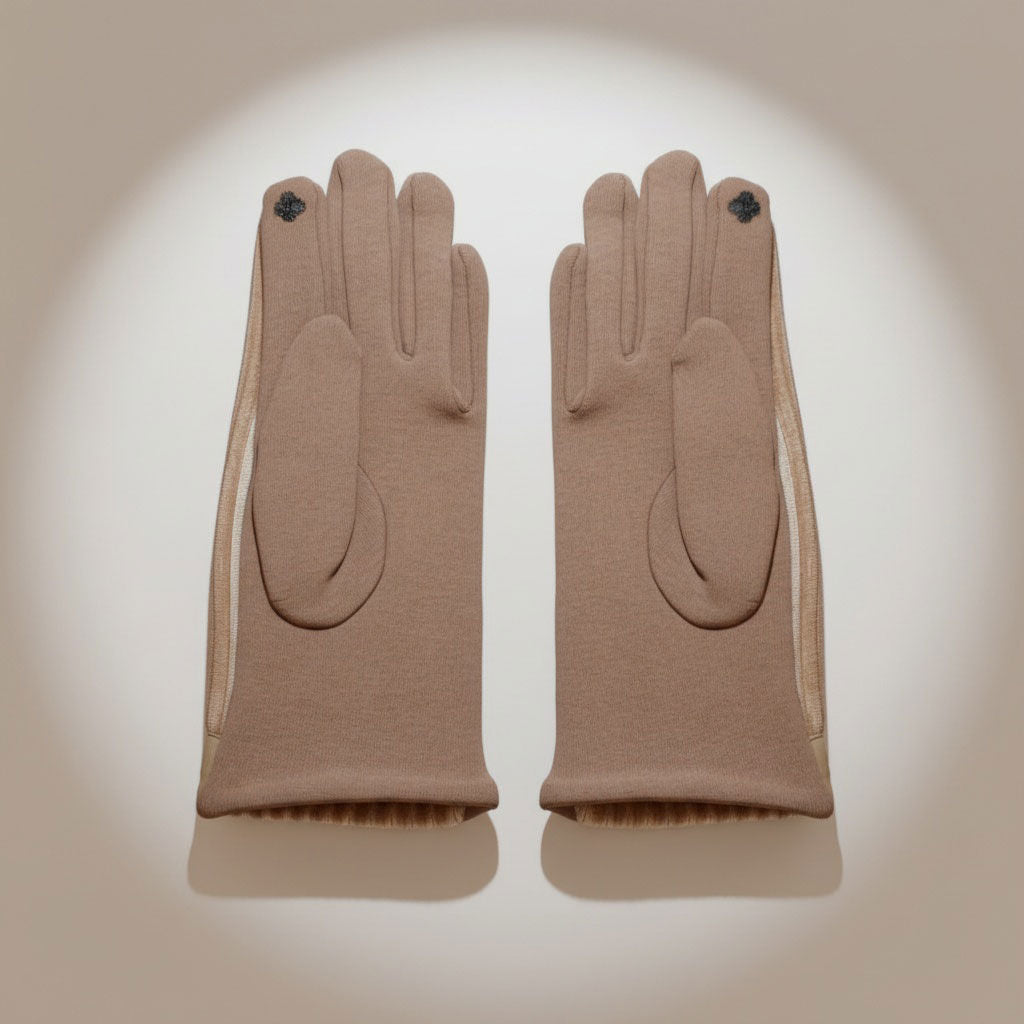 Winter Gloves Beige Fur Stripe Leather Touchscreen Stylish Casual