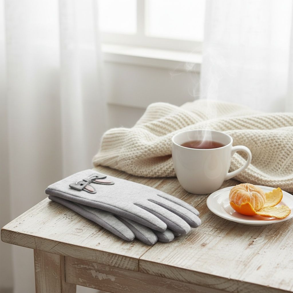 Winter Woolen Touchscreen Gloves Gray with Cute Rabbit Detail Stylish and Trendy