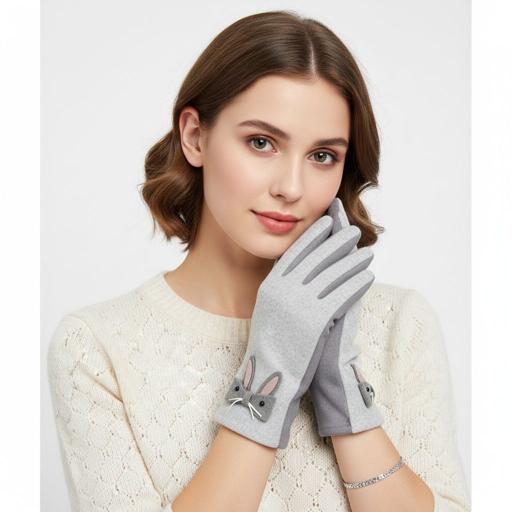 Winter Woolen Touchscreen Gloves Gray with Cute Rabbit Detail Stylish and Trendy