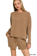 Zenana Corded Rib Long Sleeve Tee and Shorts Set