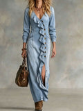 Fashionable Unisex-style Long-sleeve V-neck Split Dress