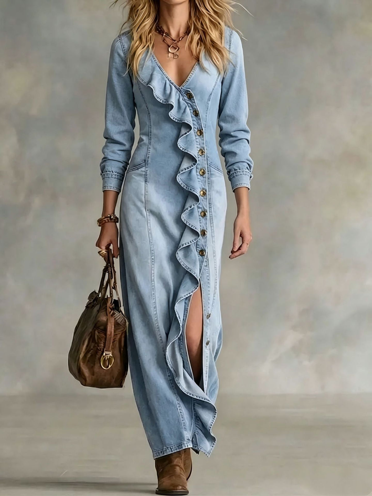 Fashionable Unisex-style Long-sleeve V-neck Split Dress