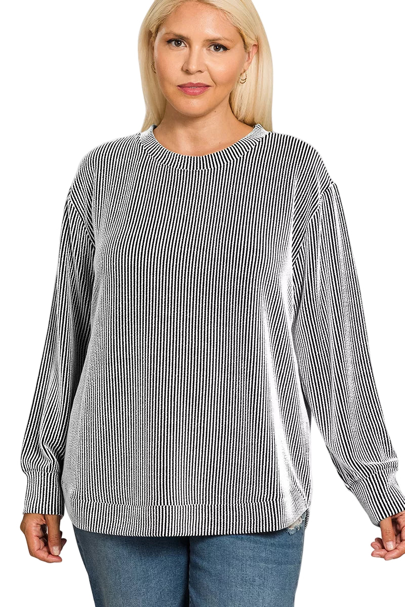 Zenana Full Size Raised Rib Round Neck Long Sleeve Top Plus Size
