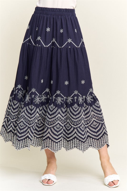 Embroidered Tiered Midi Skirt