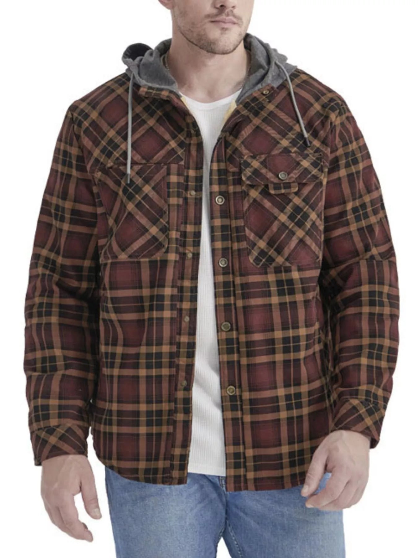 Men's Snap Down Plaid Flannel Hooded Jacket