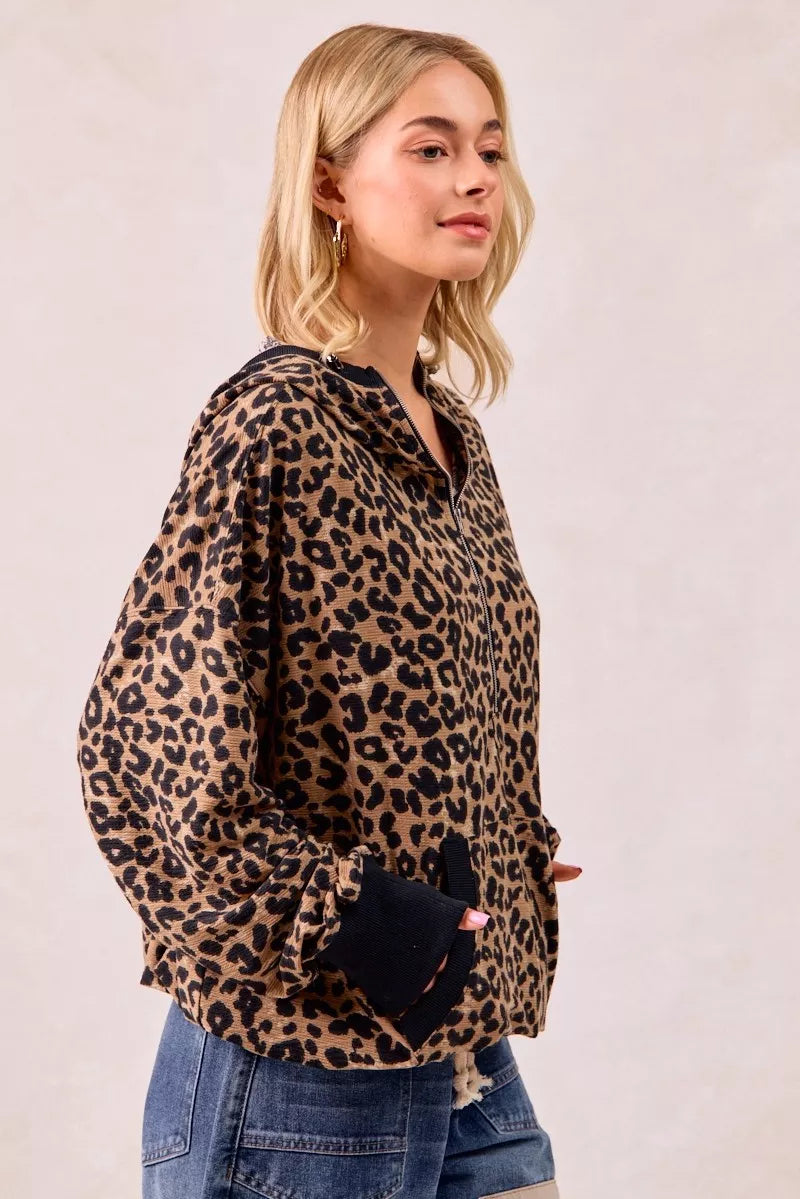 Leopard Print Waffle Half Zip Up Hoodie W Pocket