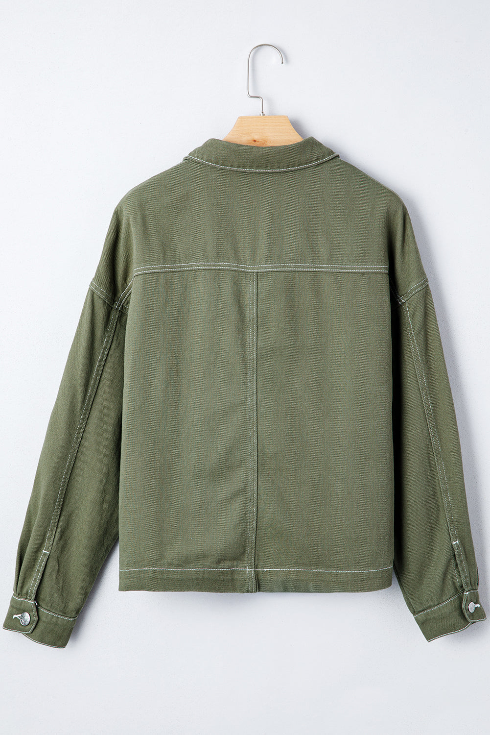 Smoke Green Patched Pocket Collared Button Front Boyfriend Denim Jacket