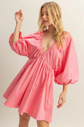 HYFVE Plunge Balloon Sleeve Poplin Mini Dress with Pockets
