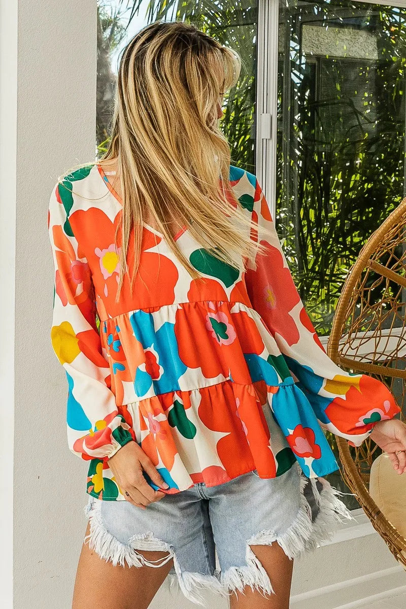 Floral Woven Tiered V Neck Top