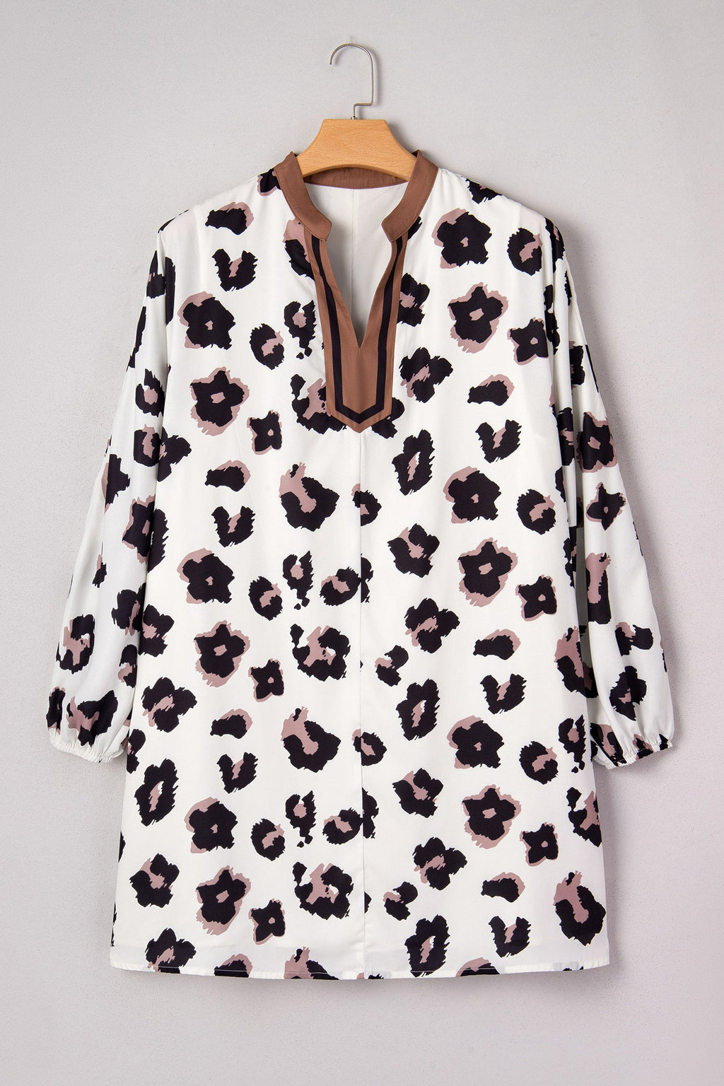 Khaki Leopard Print Contrast V Neck Plus Size Shift Mini Dress