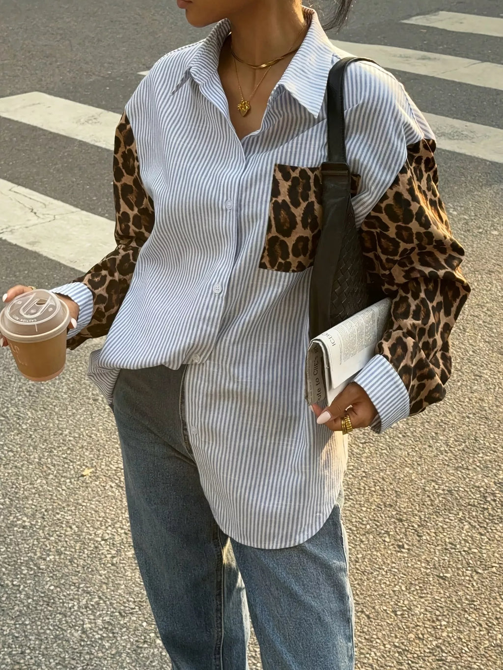 Striped & Leopard Print Button Up Shirt