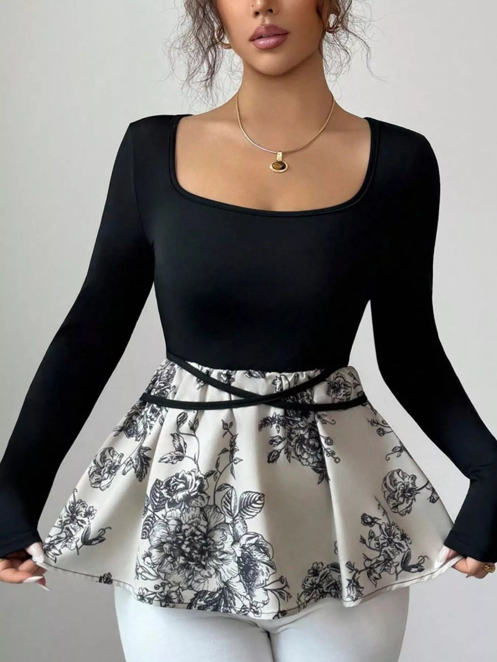 Floral Print Peplum Hem Long Sleeve Top