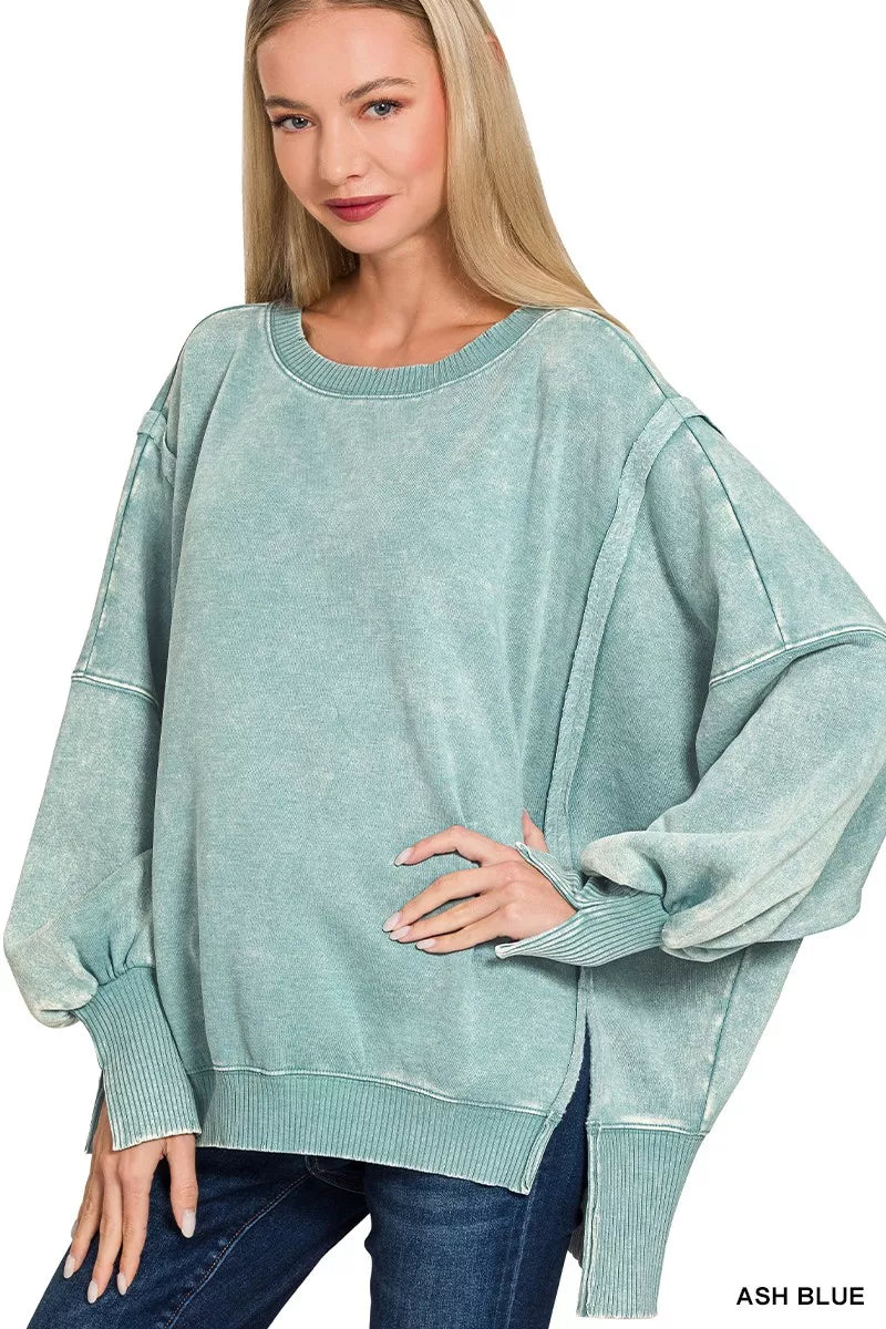 Acid Washed Batwing Sleeve Fleece Sweatshirt