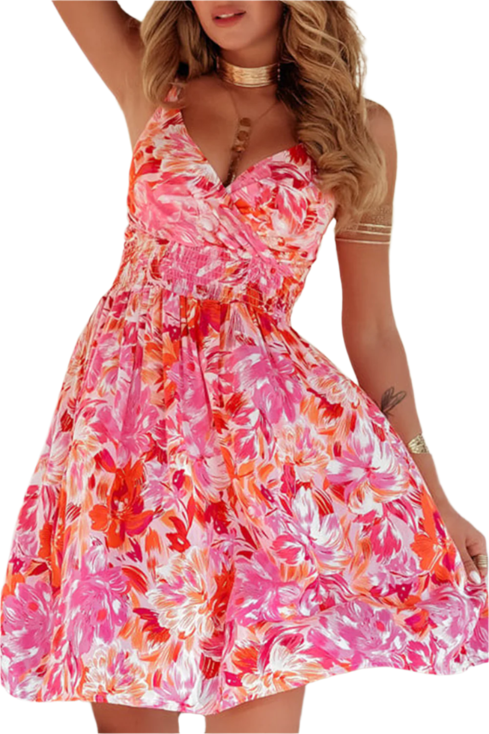 Red Floral Spaghetti Strap Surplice Neck Shirred Waist Mini Dress
