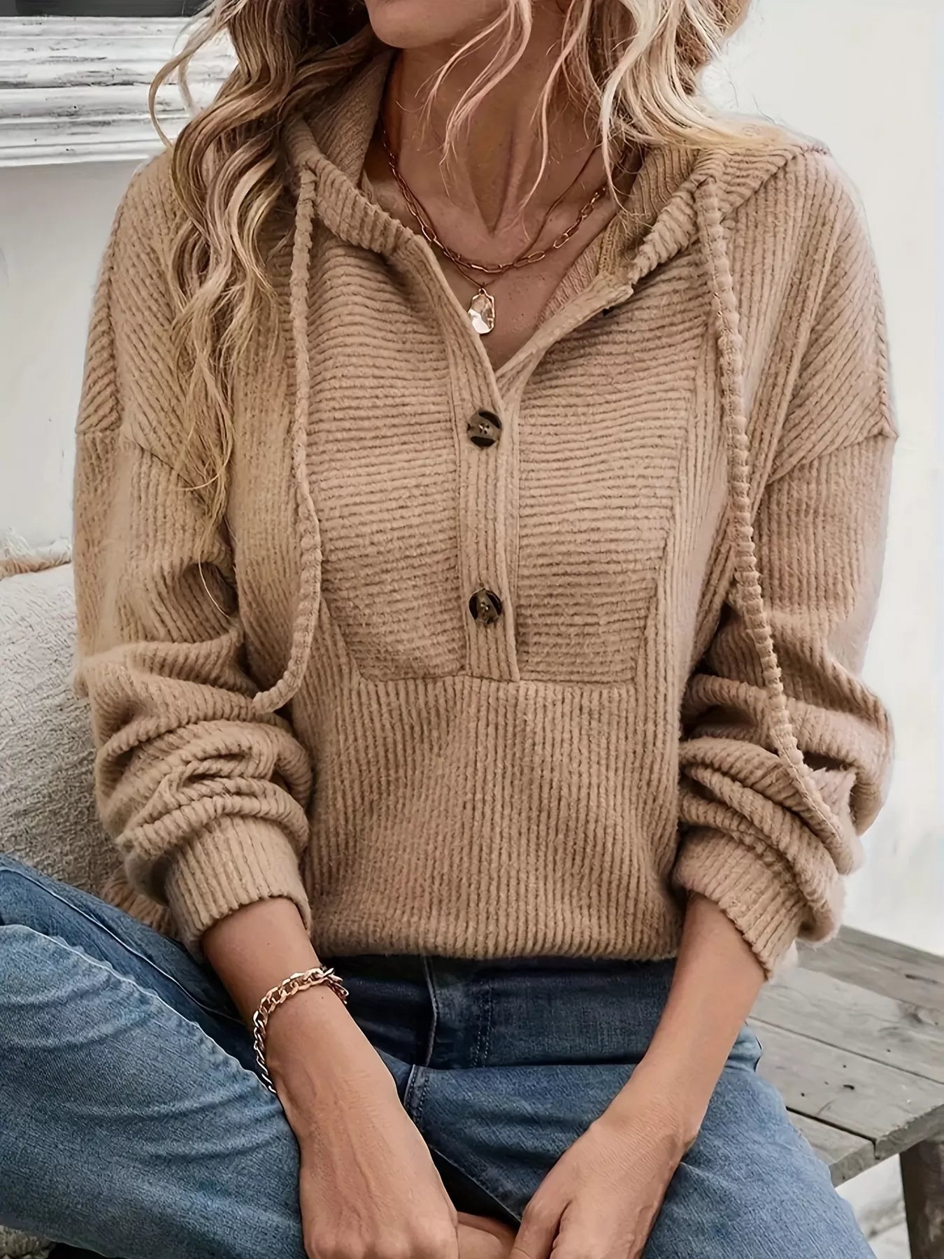 Button-Front Drawstring Hoodie