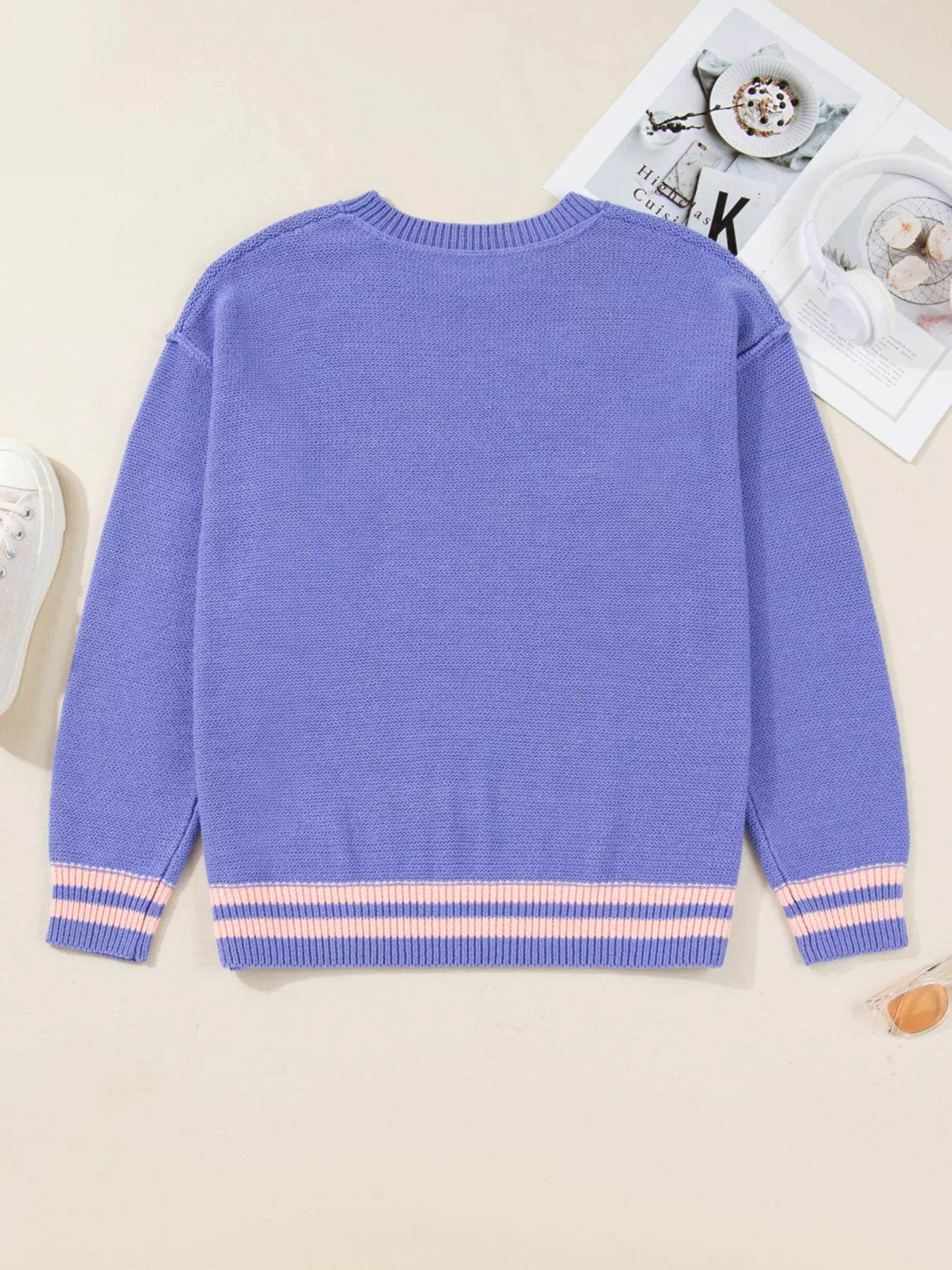 Plus Size Striped Trim Drop Shoulder Knit Loose Sweater