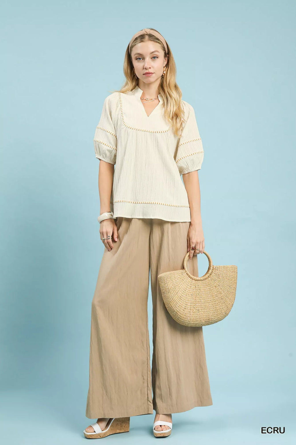 Umgee Textured Short Sleeve Top with Contrast Trim