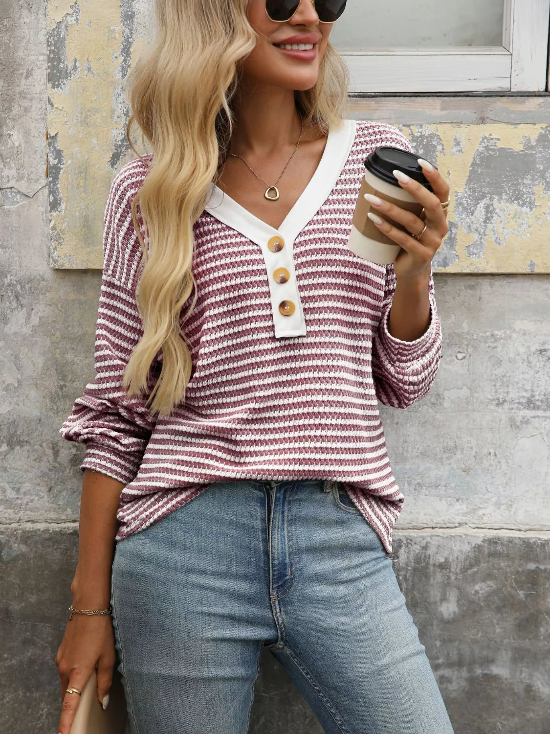 Striped Button Detail Long Sleeve T-Shirt