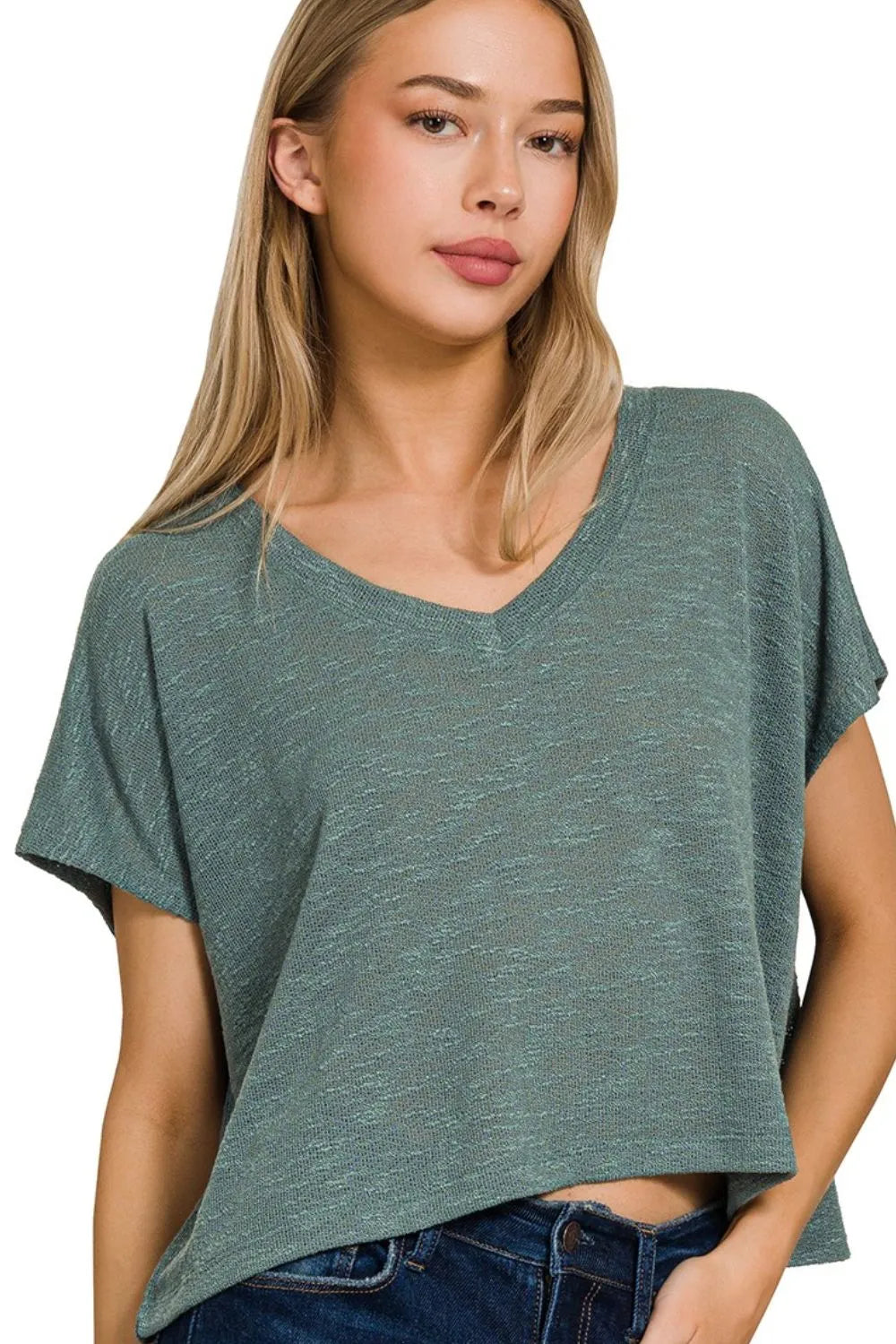 Hacci Slub V-neck Drop Shoulder Crop Top