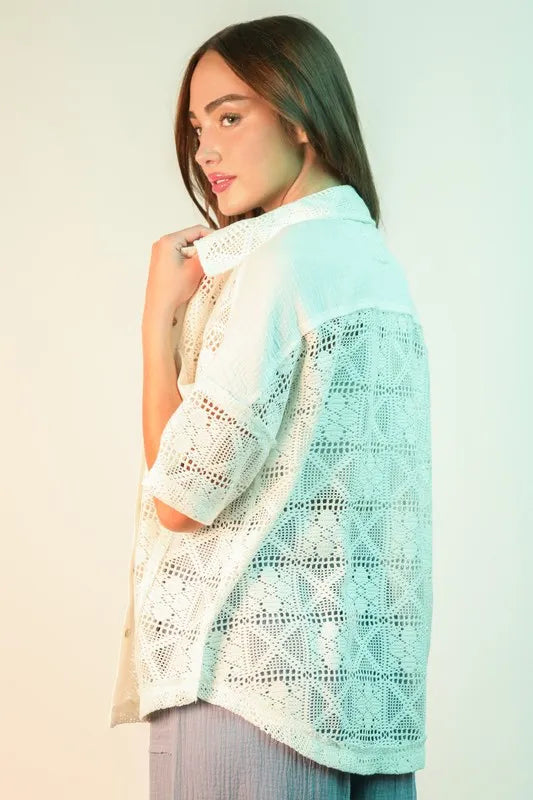 VERY J Plus Size Oversized Crochet Button Down Shirt Top See size chart under “more details”
