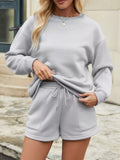Round Neck Dropped Shoulder Top and Drawstring Shorts Set