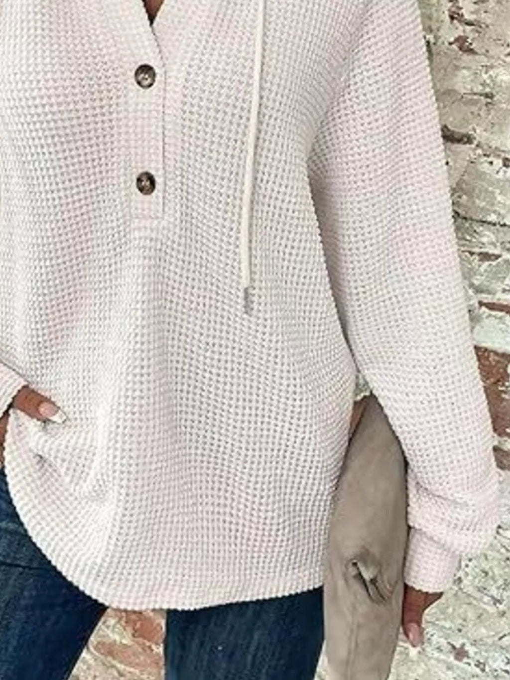 Full Size Button Detail Waffle Knit Hoodie Plus Size